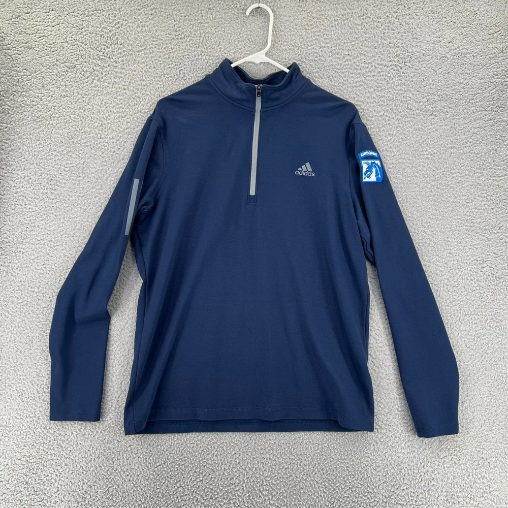 ADIDAS Golf Sweatshirt Mens‎ Large Blue 1/4 Zip AIRBORNE Logo Stretch READ